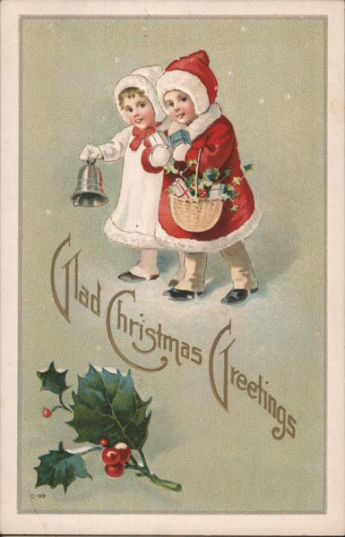 Glad Christmas Greetings - Two Girls in the Snow Children Postcard