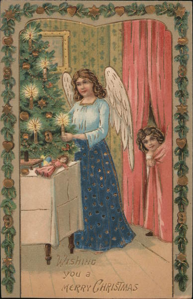 An Angel with a Candle Near a Christmas Tree Angels Postcard