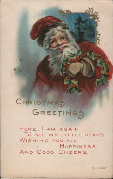 Christmas Greetings - Santa Holding a Holly Wreath Santa Claus Postcard