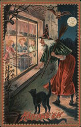 Halloween - Witch and Cat Look In Window Postcard