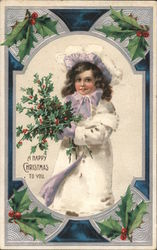 Little Girl with a Bouquet of Holly Children Postcard Postcard Postcard