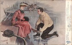 Man Helping Woman with Ice Skates Postcard