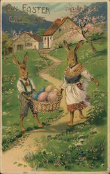 An Easter Greeting - Two Rabbits With Eggs Postcard