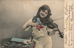 Girl Playing Violin for her Kitten Postcard