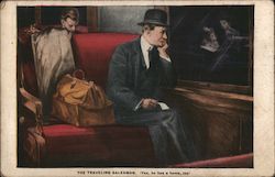 The Traveling Salesman, Man in a Suit Sitting on a Train Seat Men Postcard Postcard Postcard