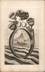 A sailing ship on the ocean viewed thru a ring with a woman's upper profile and three roses Postcard