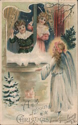 Girls Looking Out the Window at Christmas Angel Postcard