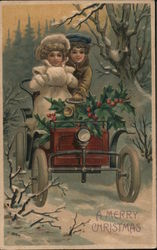 "Merry Christmas" with Two Girls in an Early Car Children Postcard Postcard Postcard