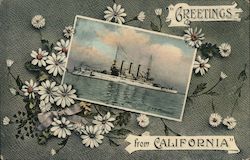 Greetings from California with a smaller image of the U.S.S. Missouri framed by white daisies Great White Fleet Postcard Postcar Postcard