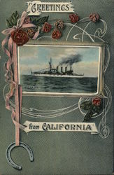 USS Virginia with "Greetings from California" Great White Fleet Postcard Postcard Postcard