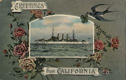 Greetings from California/ with image of U.S.S. Rhode Island Great White Fleet Postcard Postcard Postcard