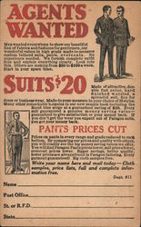 Agents Wanted. Suits $20. Pants Prices Cut. Big Pay for Spare Time. Advertising Postcard Postcard Postcard