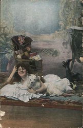 Woman lies on rug with her dog Dogs Postcard Postcard Postcard