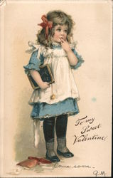 To My Sweet Valentine - Girl With Writing Slate, Pinafore Postcard