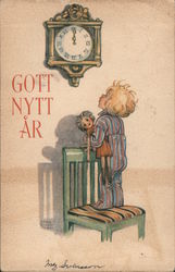 Happy New Year as Boy Watches Clock Postcard