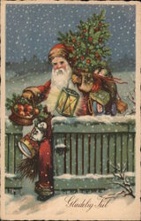 Santa Carrying a Christmas Tree and a Lantern Postcard