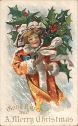 Girl Holding Toys in the Snow Postcard