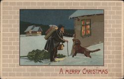 Merry Christmas - A Man and his Dog in the Snow Postcard