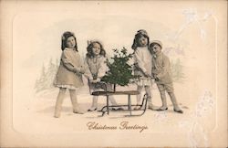 Four Children with a Sled and a Small Christmas Tree Postcard Postcard Postcard