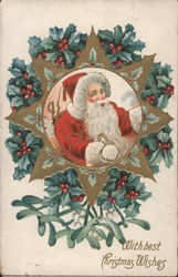 With Best Christmas Wishes - Santa in a Holly Wreath Postcard