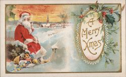 A Merry Christmas - Santa Sitting in the Snow Smoking a Pipe Santa Claus Postcard Postcard Postcard