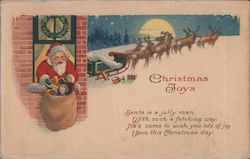 Christmas Joys - Santa Pulling His Pack Through a Window Postcard