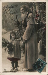 French Santa Holding a Little Girl's Hand in the Snow Santa Claus Postcard Postcard Postcard