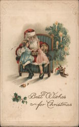 Santa Sitting in a Chair with Two Little Girls Postcard