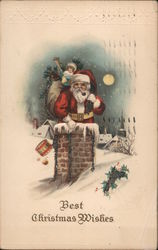 Best Christmas Wishes - Santa Going Down a Chimney Postcard