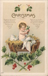 Christmas - A Baby Playing in a Wood Cradle Children Postcard Postcard Postcard