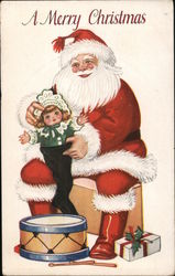 A Merry Christmas - Santa Putting a Doll in a Stocking Postcard