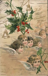 With Best Christmas Wishes - Several Angels with Holly Postcard Postcard Postcard