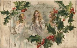 Hearty Christmas Greetings Three Angels and Mistletoe Postcard Postcard Postcard