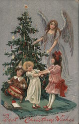 Best Christmas Wishes Angel and Children Decorating Tree Postcard