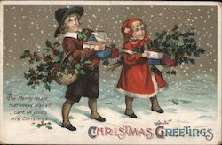 Christmas Greetings - Two Kids Holding Baskets of Holly and Presents Children Ellen Clapsaddle Postcard Postcard Postcard