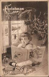 Christmas Greetings Child Reading Red Riding Hood Postcard