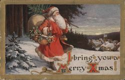 I Bring You a Merry XMas - Santa Walking Through the Snow with his Bag of Toys Santa Claus Postcard Postcard Postcard