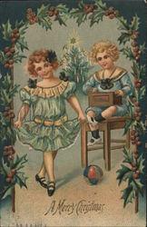 Merry Christmas - Two Children Playing with Toys Postcard Postcard Postcard