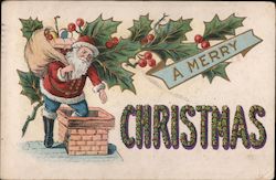 A Merry Christmas - Santa Going Down a Chimney Santa Claus Postcard Postcard Postcard