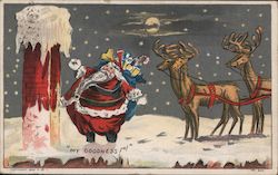 A Fat Santa with his Reindeer and a Skinny Chimney Santa Claus Postcard Postcard Postcard