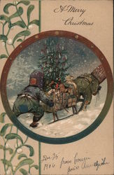 A Merry Christmas Santa Pushing Sleigh Postcard