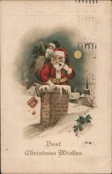 Best Christmas Wishes - Santa Going Down a Chimney Santa Claus Postcard Postcard Postcard