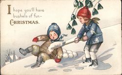 Two Children Playing int he Snow with Snow Balls Postcard