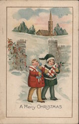 A Merry Christmas Children In Front of Church Santa Claus Postcard Postcard Postcard