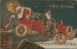 A Merry Christmas - Santa Dropping Toys Down the Chimney from a Car Postcard