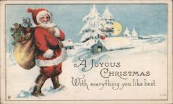 Santa with his Bag of Toys Walking Through the Snow Postcard