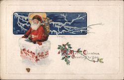 Santa Going Down a Chimney with his Pack of Toys Postcard