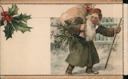 Santa with Walking Stick, Pipe and Bag of Toys Santa Claus Postcard Postcard Postcard