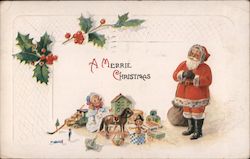 A Merrie Christmas - Santa Surrounded by Toys Santa Claus Postcard Postcard Postcard