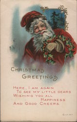 Christmas Greetings - Santa Holding a Holly Wreath Postcard